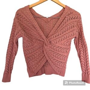 Moon & Madison Chenille V-neck Twist Back Pointelle Knit Sweater Pink Size XS